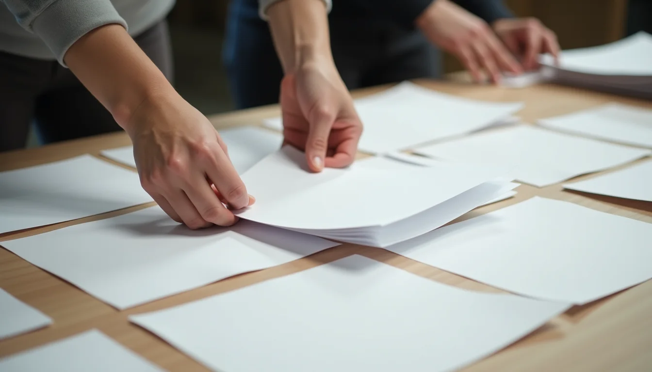 Hands sorting an activewear collections brief into activity-based groups for an upload team on a preparation table