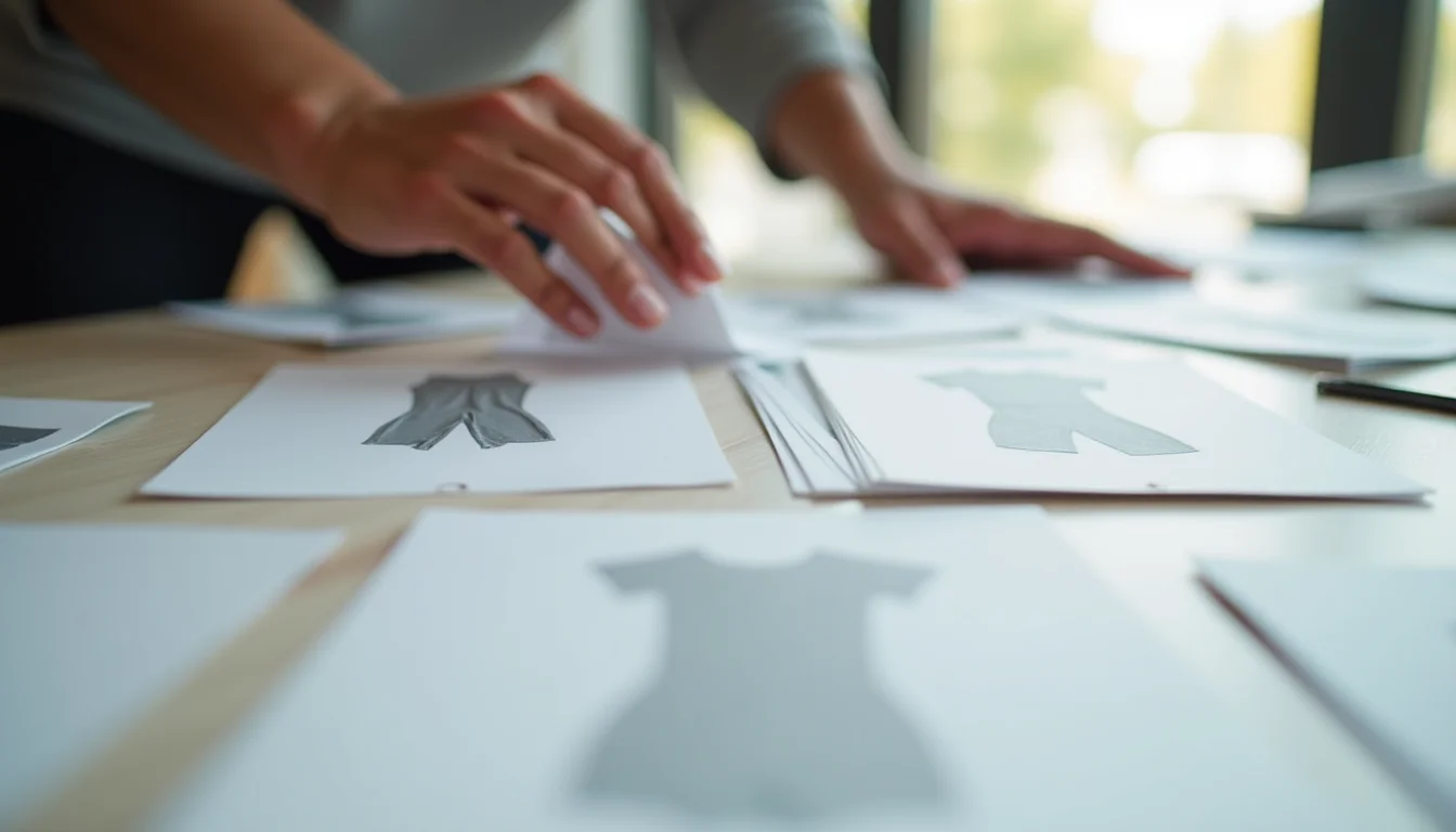 Hands arranging activewear product cards into activity-based collection groups on a worktop