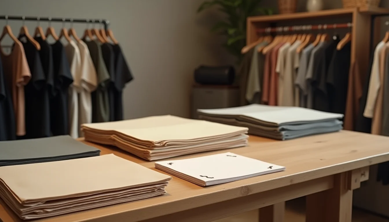 Activewear catalog documents and garment samples on a preparation desk in a brand office