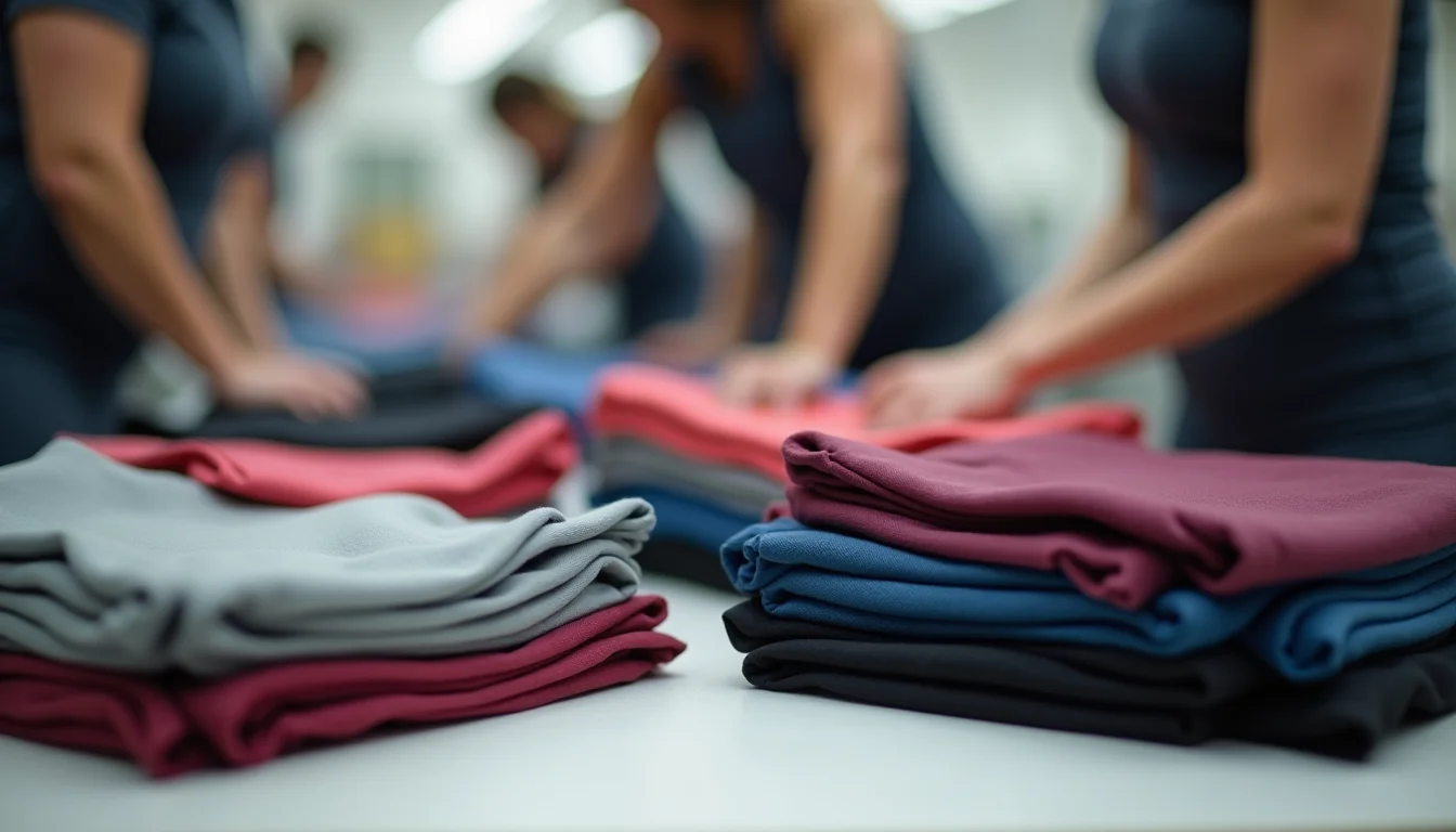 Activewear drop range being sorted into colorway stacks on a preparation table for an upload team brief