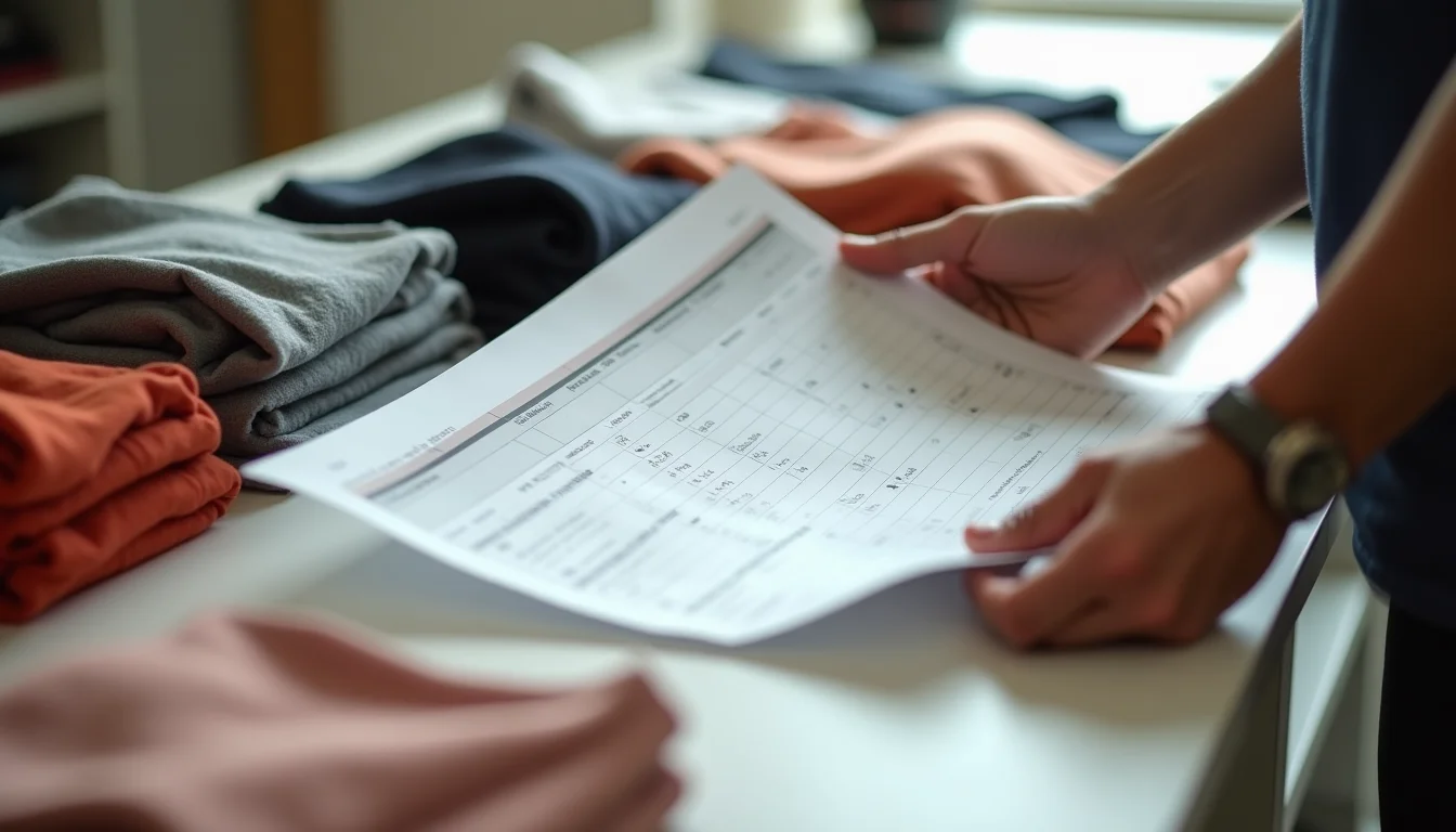 Hands checking a printed size run chart beside folded activewear samples on a work surface