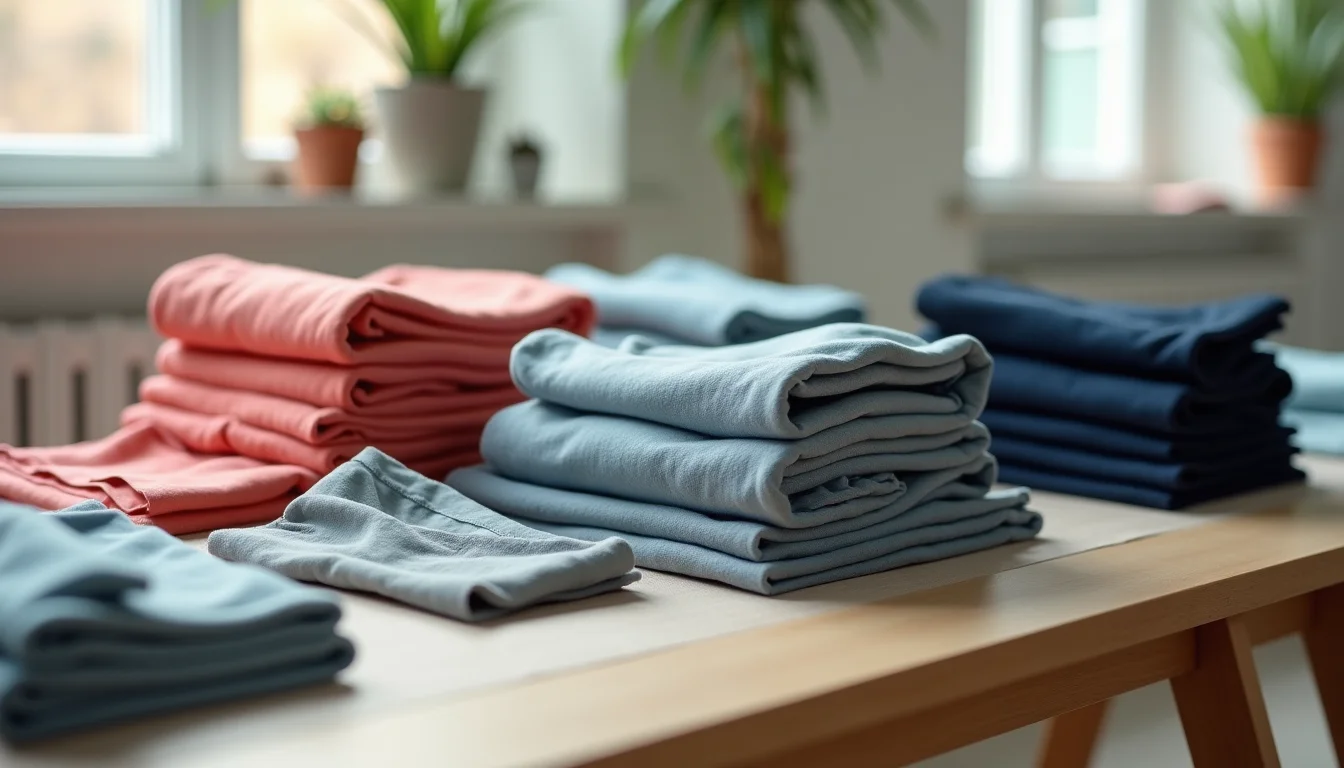 Neatly folded activewear items in three colorways arranged in rows on a plain staging table