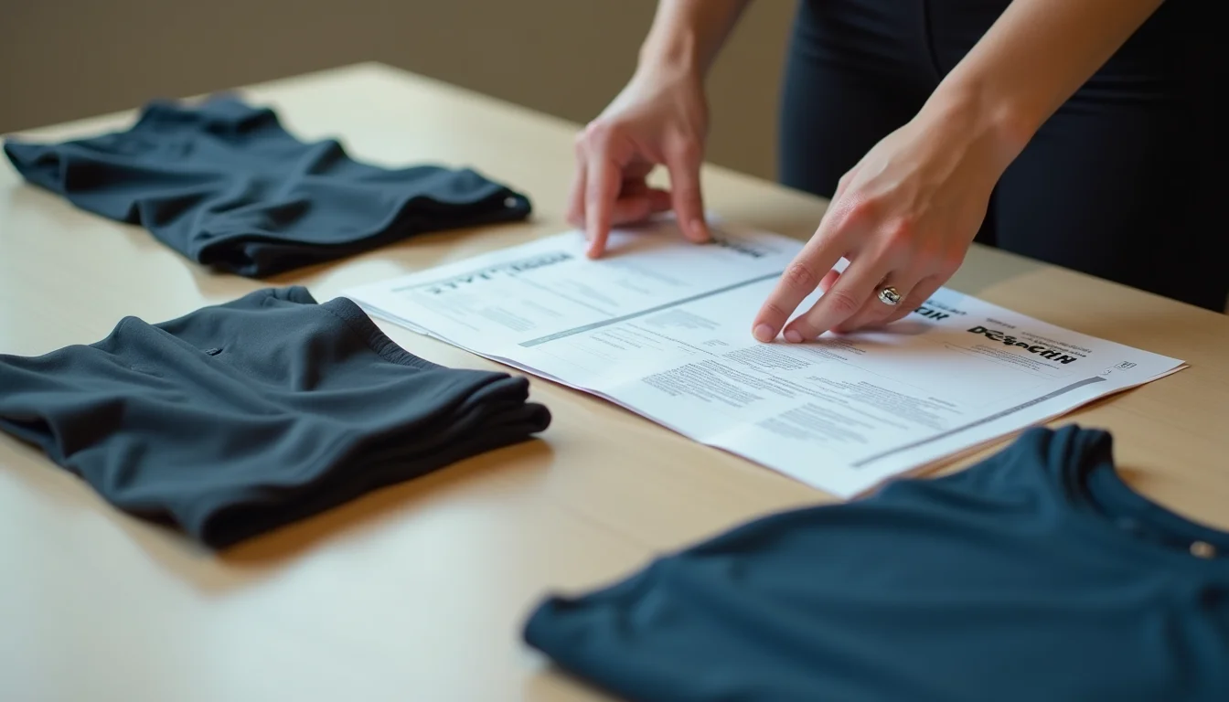 Activewear product data cards and garments arranged on a preparation surface for an upload team