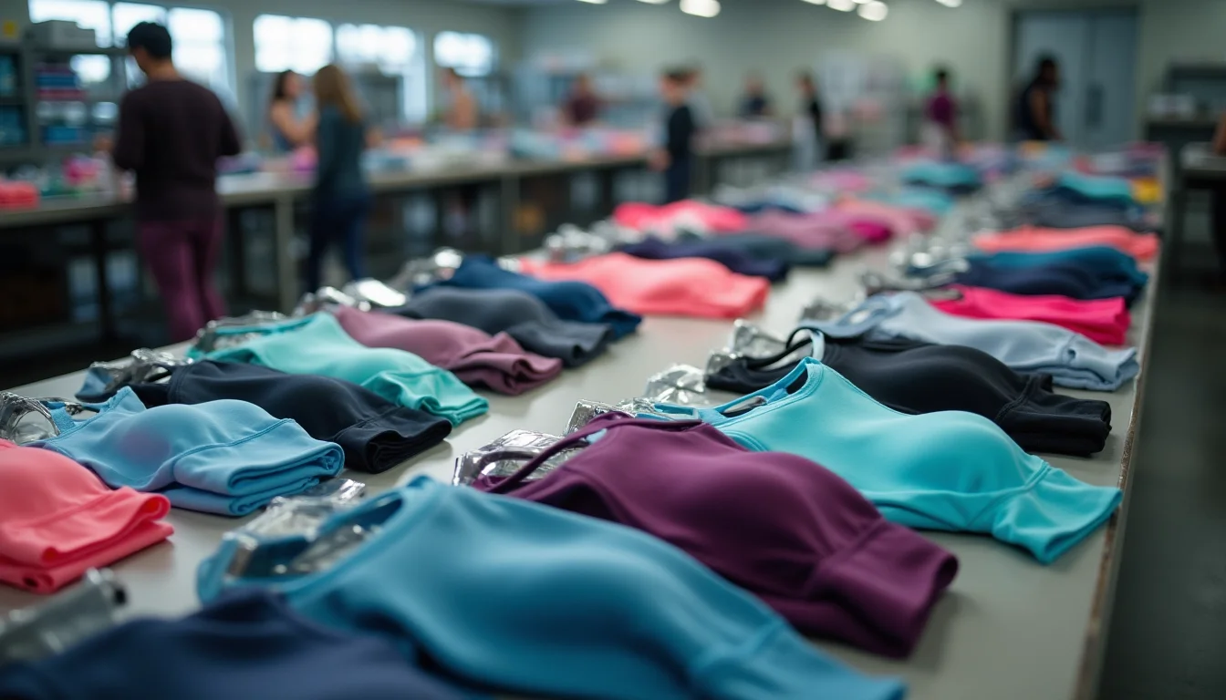 Activewear garments grouped by performance specification type on a catalog preparation surface