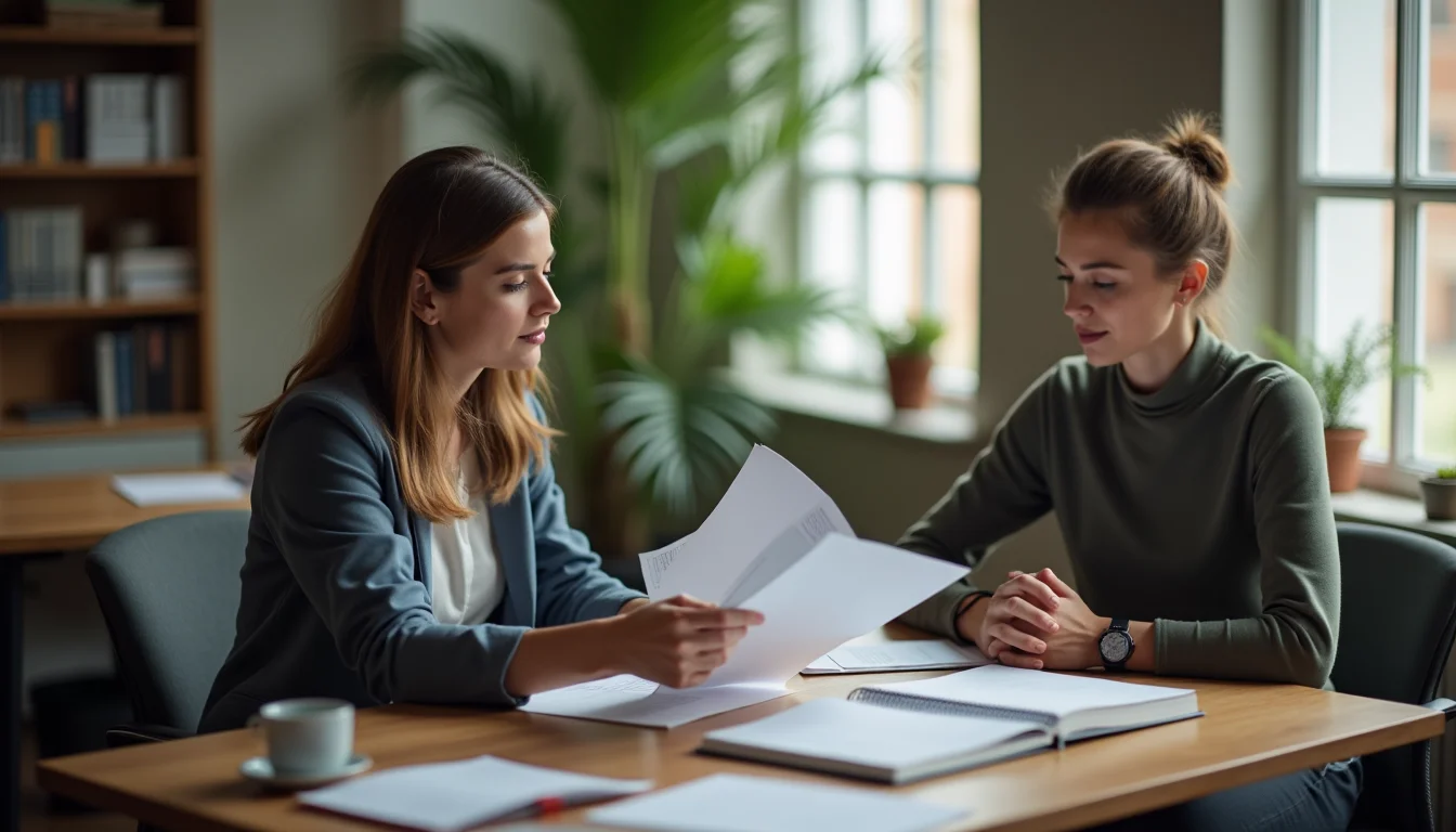 A store owner briefing a product description writer for Shopify while reviewing papers at a desk