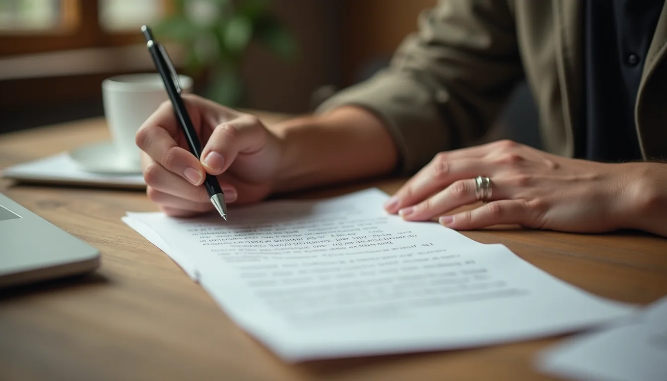 Store owner circling phrases in a brand voice document at a co-working space desk