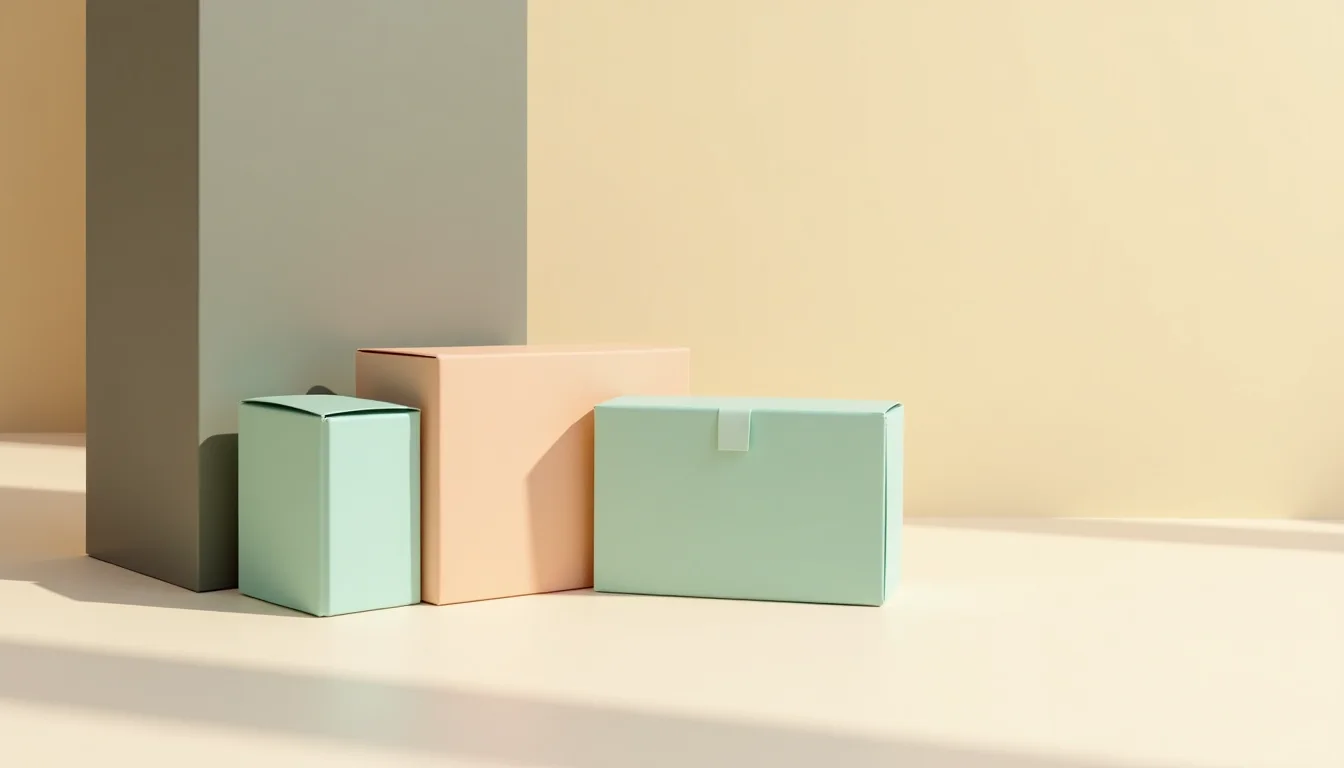 Three plain unbranded boxes in mint and peach arranged against a warm beige background