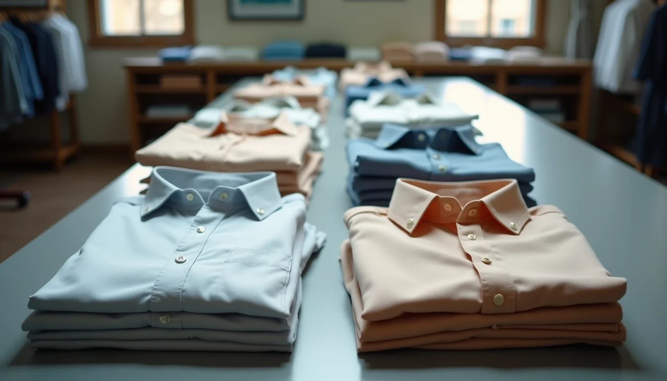 Plain menswear shirts organized by fit name on a catalog preparation surface