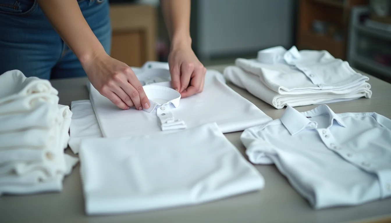 Hands organizing plain garment samples into two fit groups on a worksurface