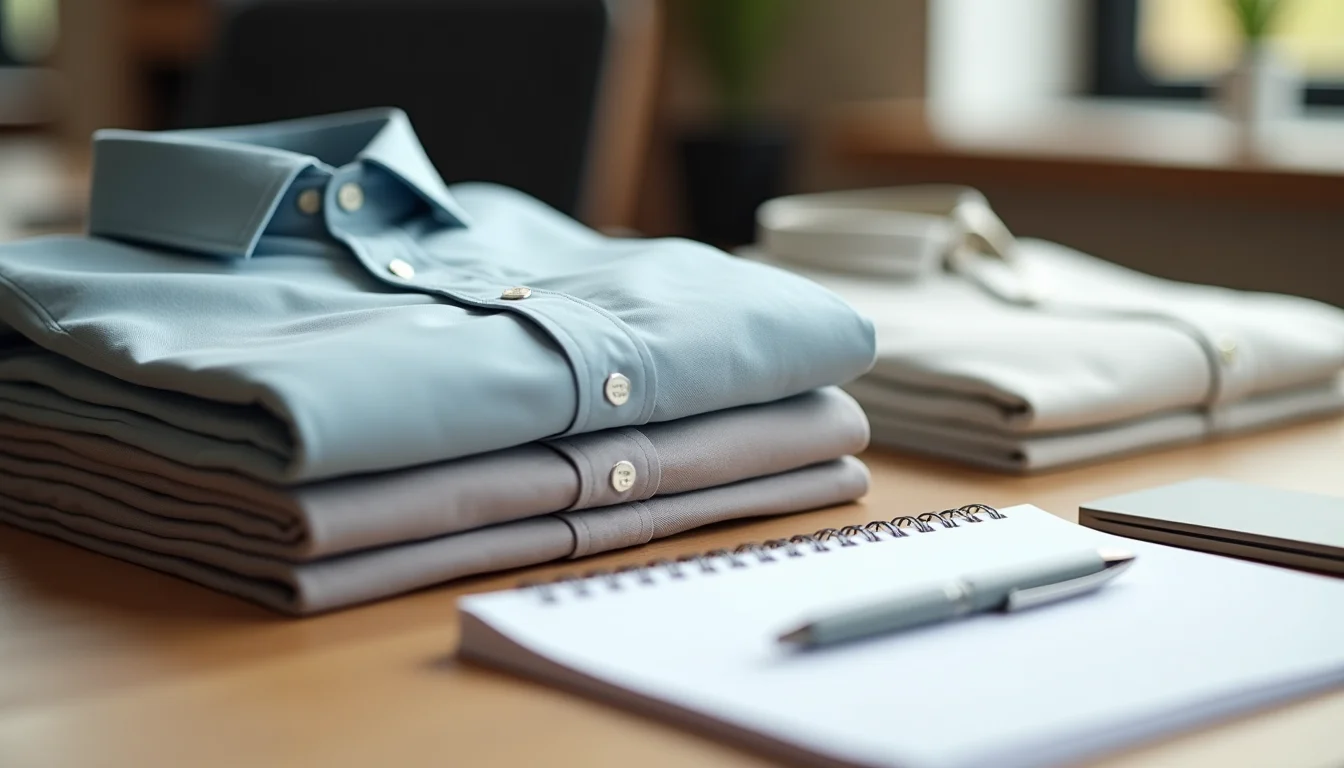 Plain garment samples and a printed variant brief laid out on a menswear preparation table