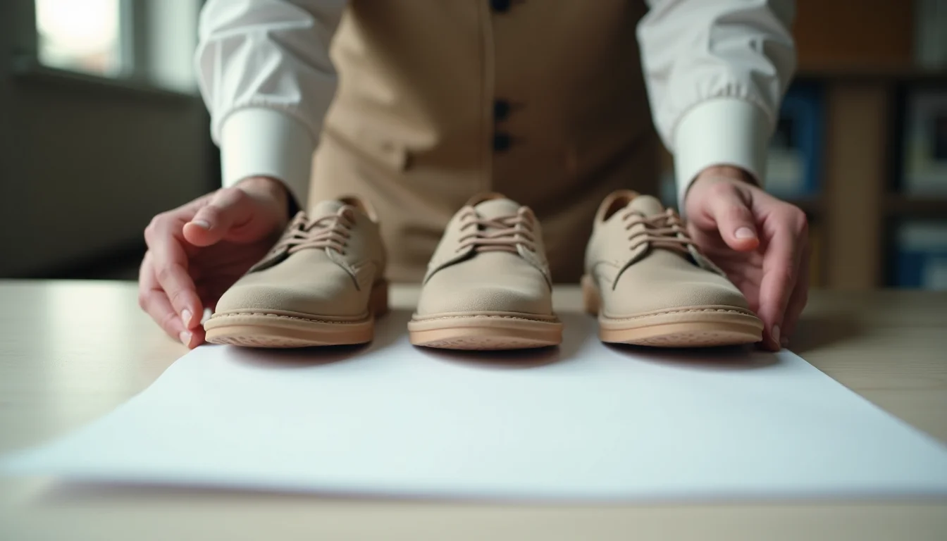 hands reviewing a footwear material fields checklist beside shoe samples for a shopify upload job