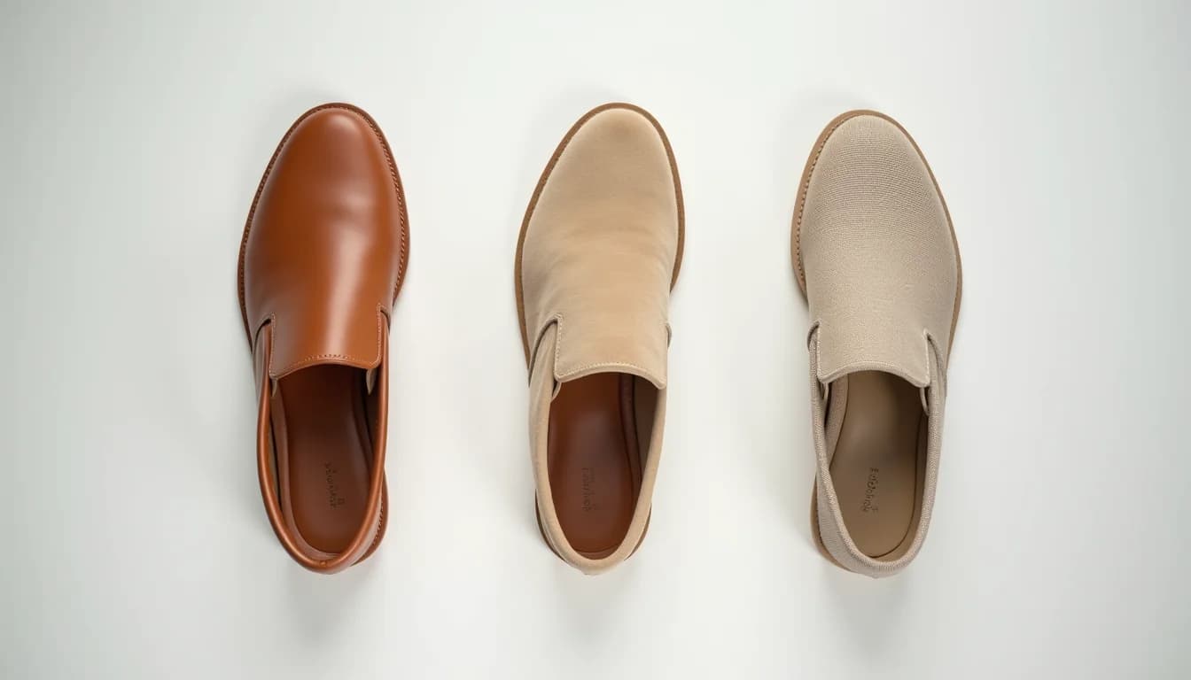 three shoes viewed from above on a white surface showing different upper materials including smooth leather suede and canvas