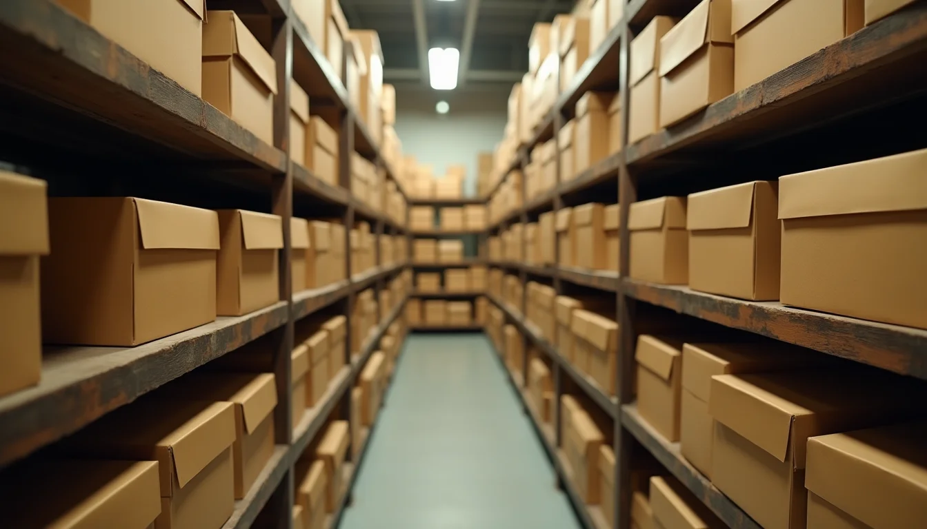 aisle of wooden shelving stacked with plain cardboard shoe boxes in a footwear stockroom storage area
