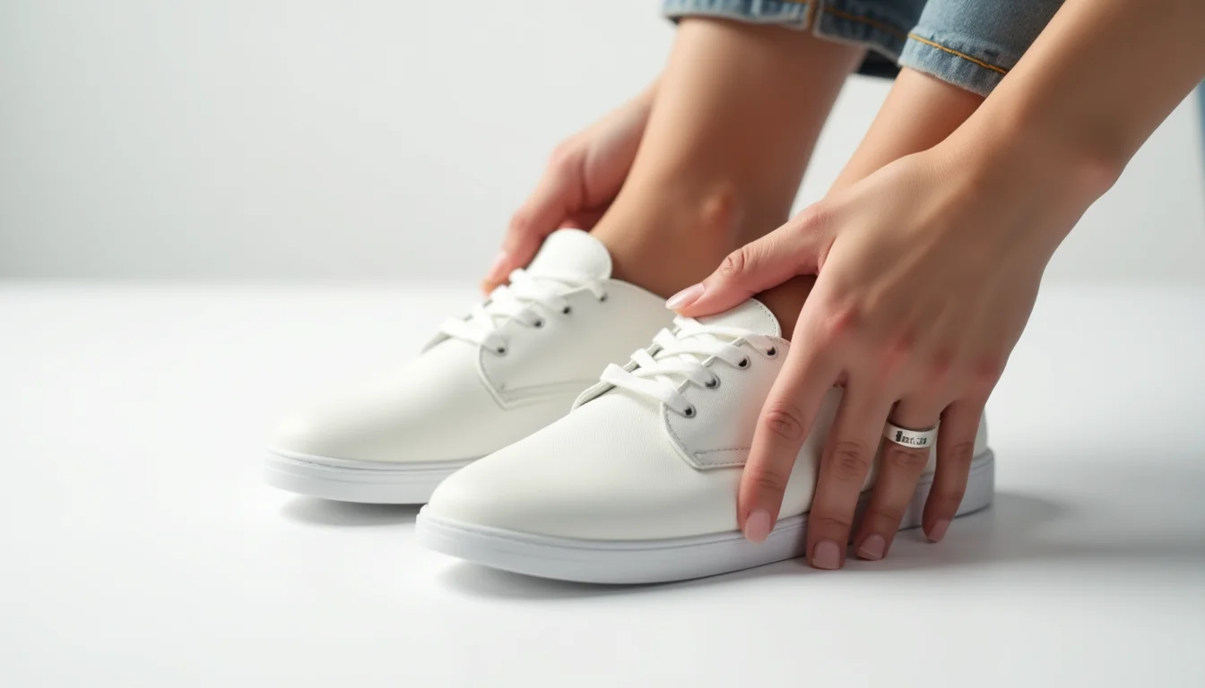 hands positioning plain footwear samples on a photography prep surface to align the front and side angles