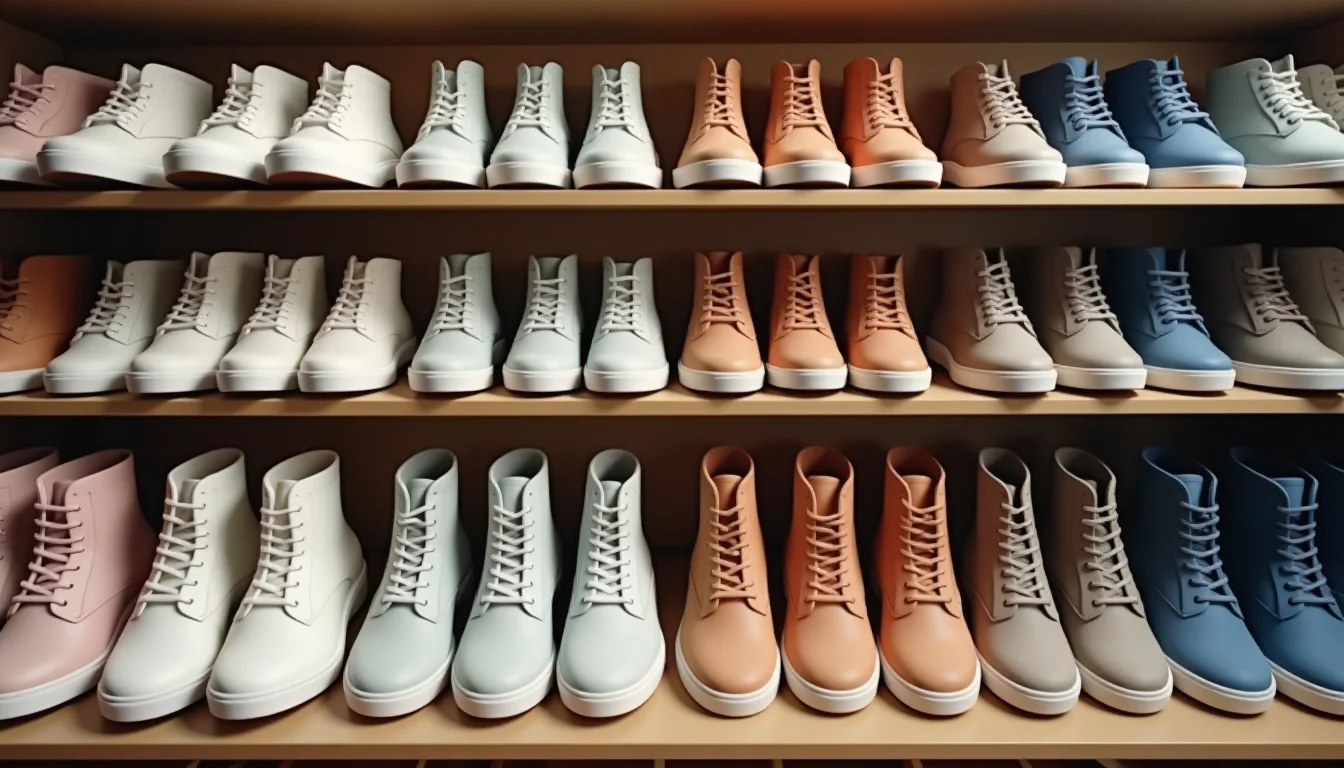 plain footwear samples organized into colorway groups on a product storage shelf