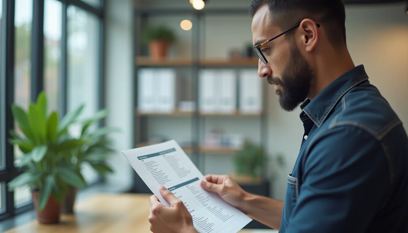 A store owner reviewing in-house product data entry options on a printed sheet in a modern office