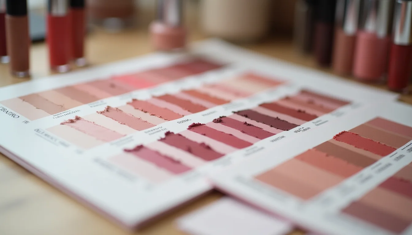 Makeup shade range products and shade variant data cards organized on a preparation surface for an upload team