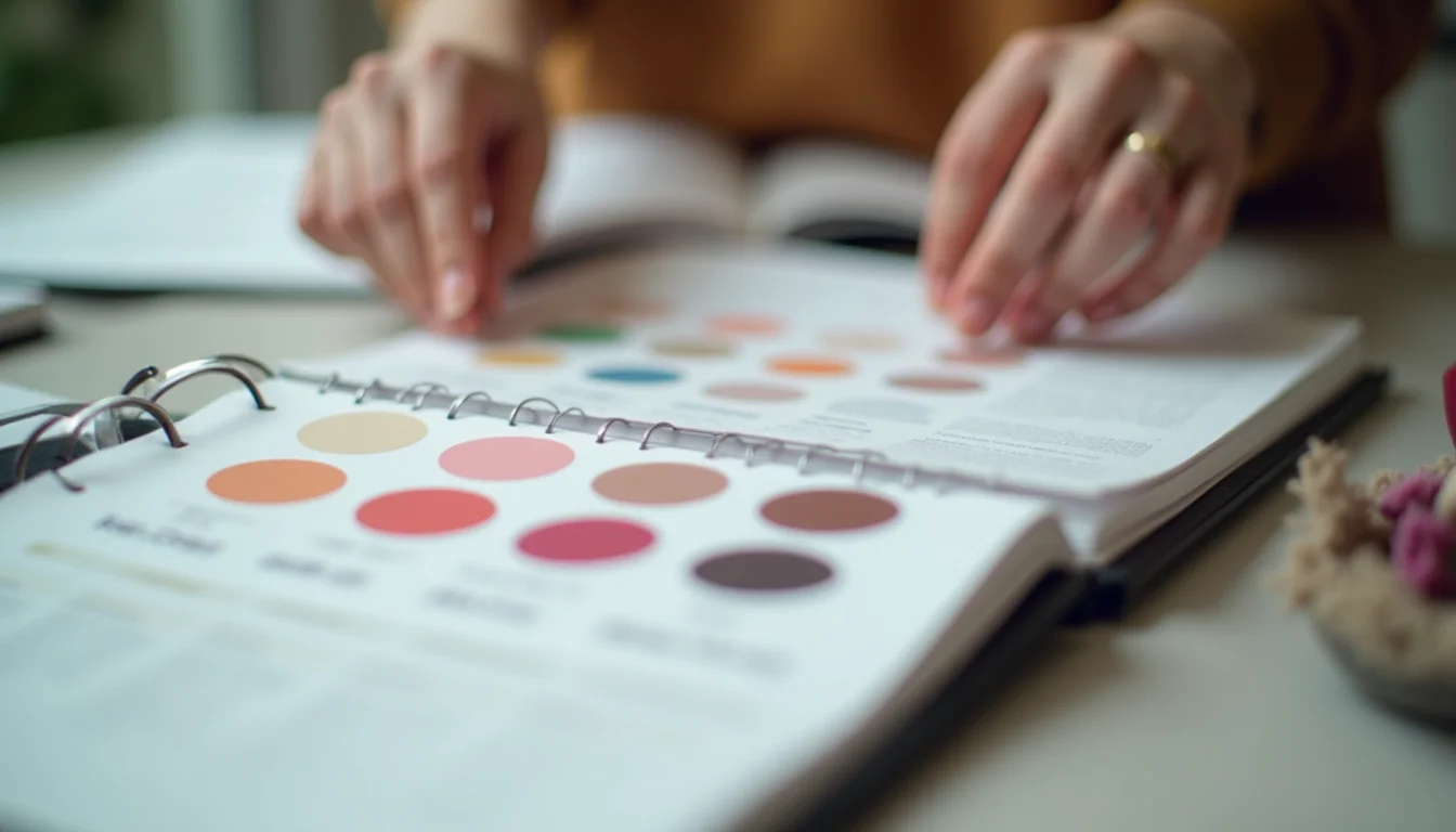 Hands working with makeup shade swatch cards and a data reference sheet on a product preparation surface