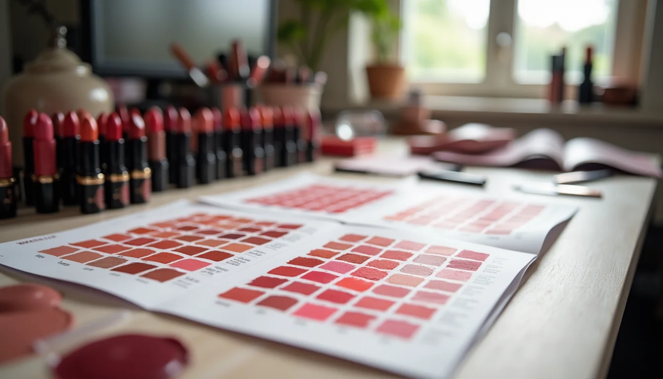 Makeup catalog preparation workspace with shade data reference sheets and product samples organized by shade family