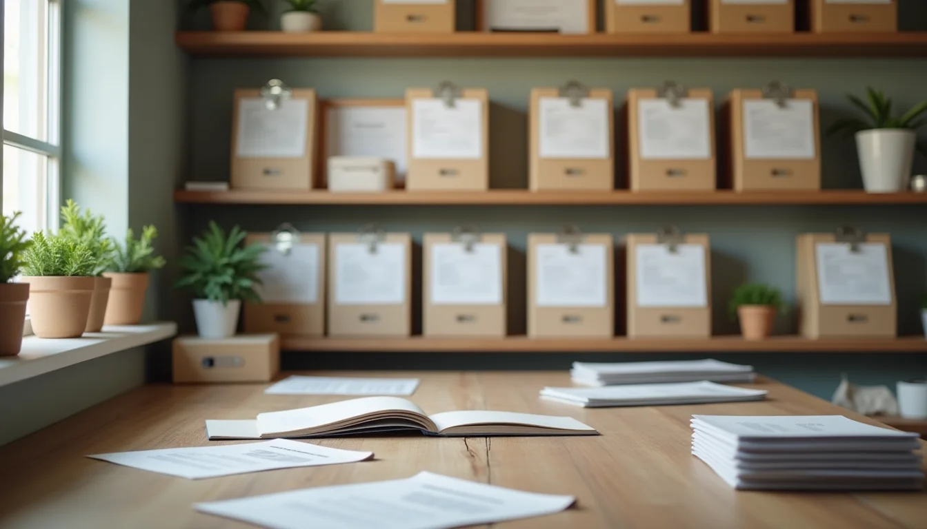 Compact catalog update workspace with plain product update folders and product samples organized on open shelves