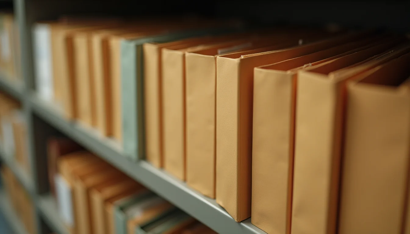Plain product update run folders arranged in an ordered sequence on a catalog office storage shelf
