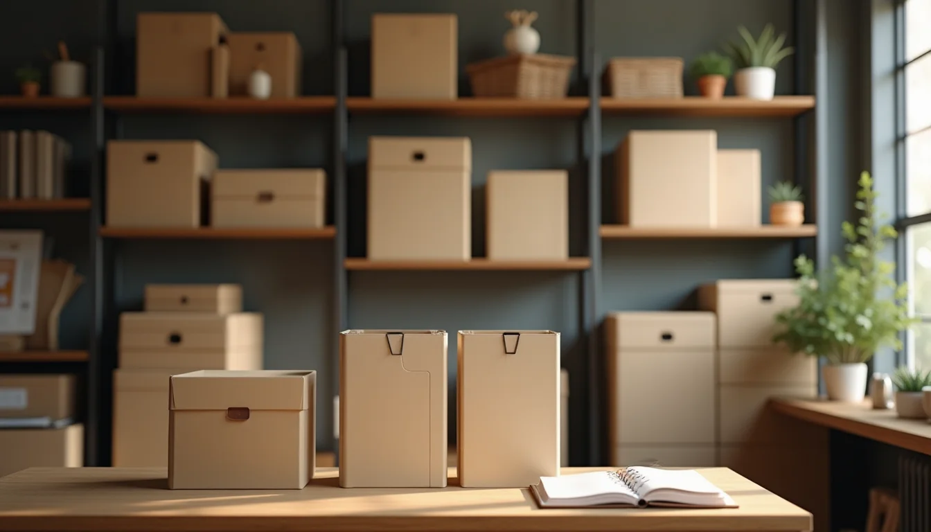 A tidy catalog update prep area with organized update run folders and product samples sorted on open shelves