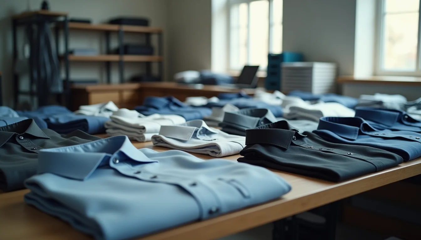 Menswear shirts and trousers in organized groups on a preparation surface, data fields ready for an upload team