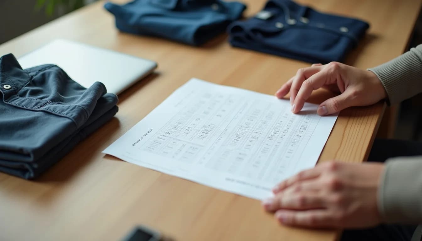 Hands working with a measurement reference chart beside folded menswear items on a preparation workspace