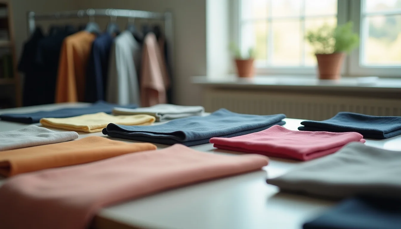 Fabric swatches organized on a workspace beside garment reference materials for a menswear catalog
