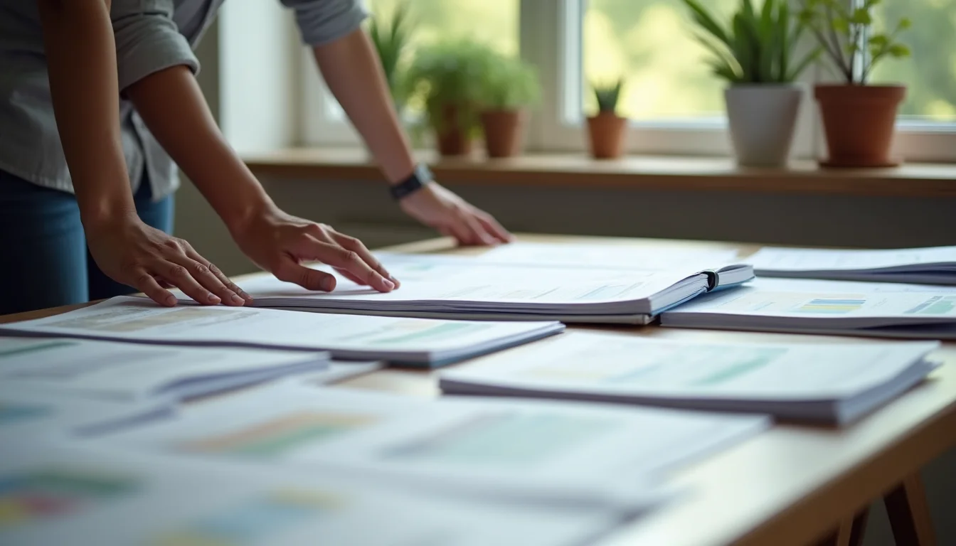 New product range spec sheets and samples on a planning table for a Shopify launch checklist review