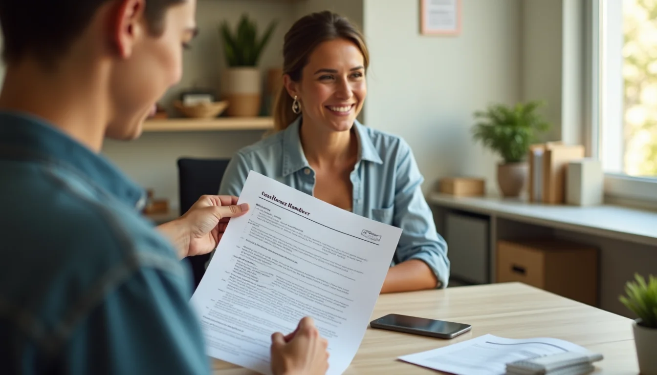 Person in their forties reviewing a new product range handover document at a desk with product samples nearby