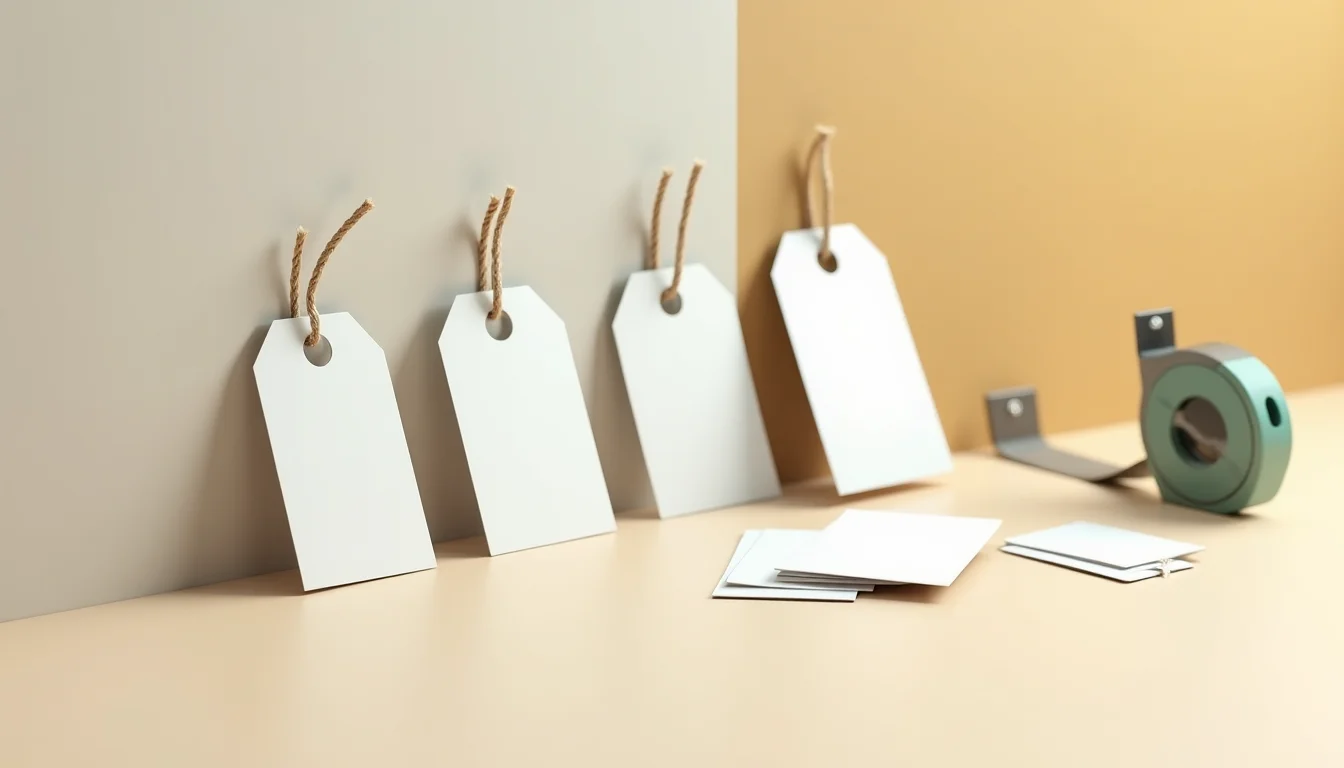 Four blank white swing tags leaning on a surface beside small cards and a tape measure roll