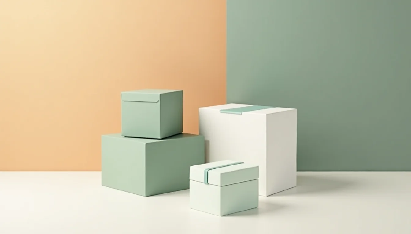 Sage green and white cardboard boxes arranged in two separate groups on a light surface