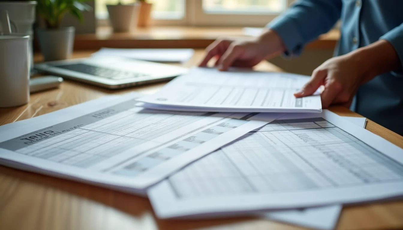 A merchant spreading printed product spreadsheets on a desk, preparing files for a Shopify upload