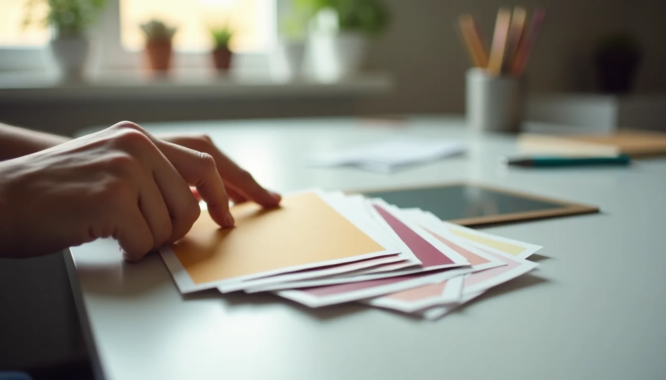 Hands sorting product image reference sheets by background type and aspect ratio on a prep table