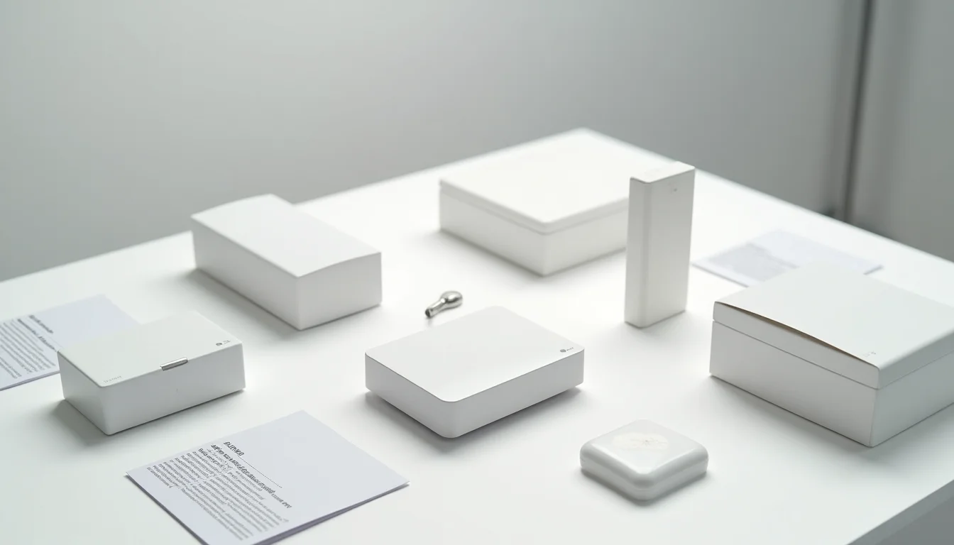 Plain product sample items arranged uniformly on a white surface in a small image review station