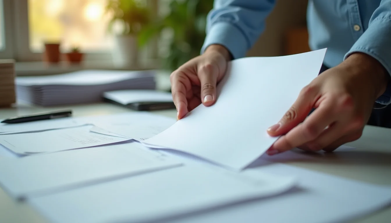 Hands sorting printed product sheets into batches on a worktop to reduce manual Shopify product entry effort
