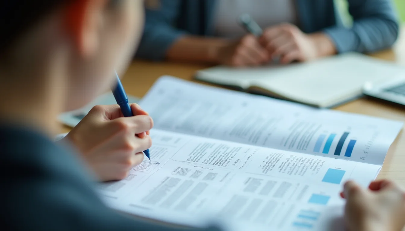 Person reviewing a supplier product list spread on a worktop, pen in hand checking entries over their shoulder