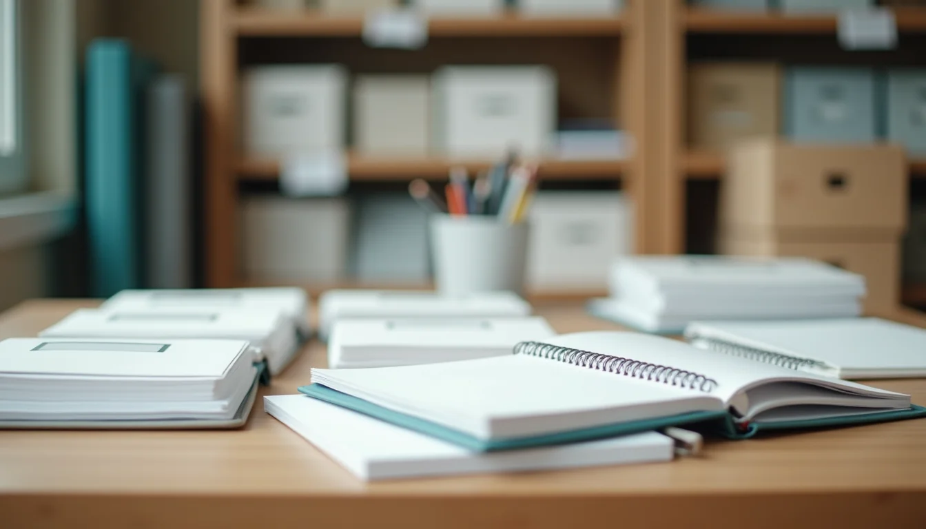 Organized staging counter with plain reference binders and product samples in groups ready for catalog entry