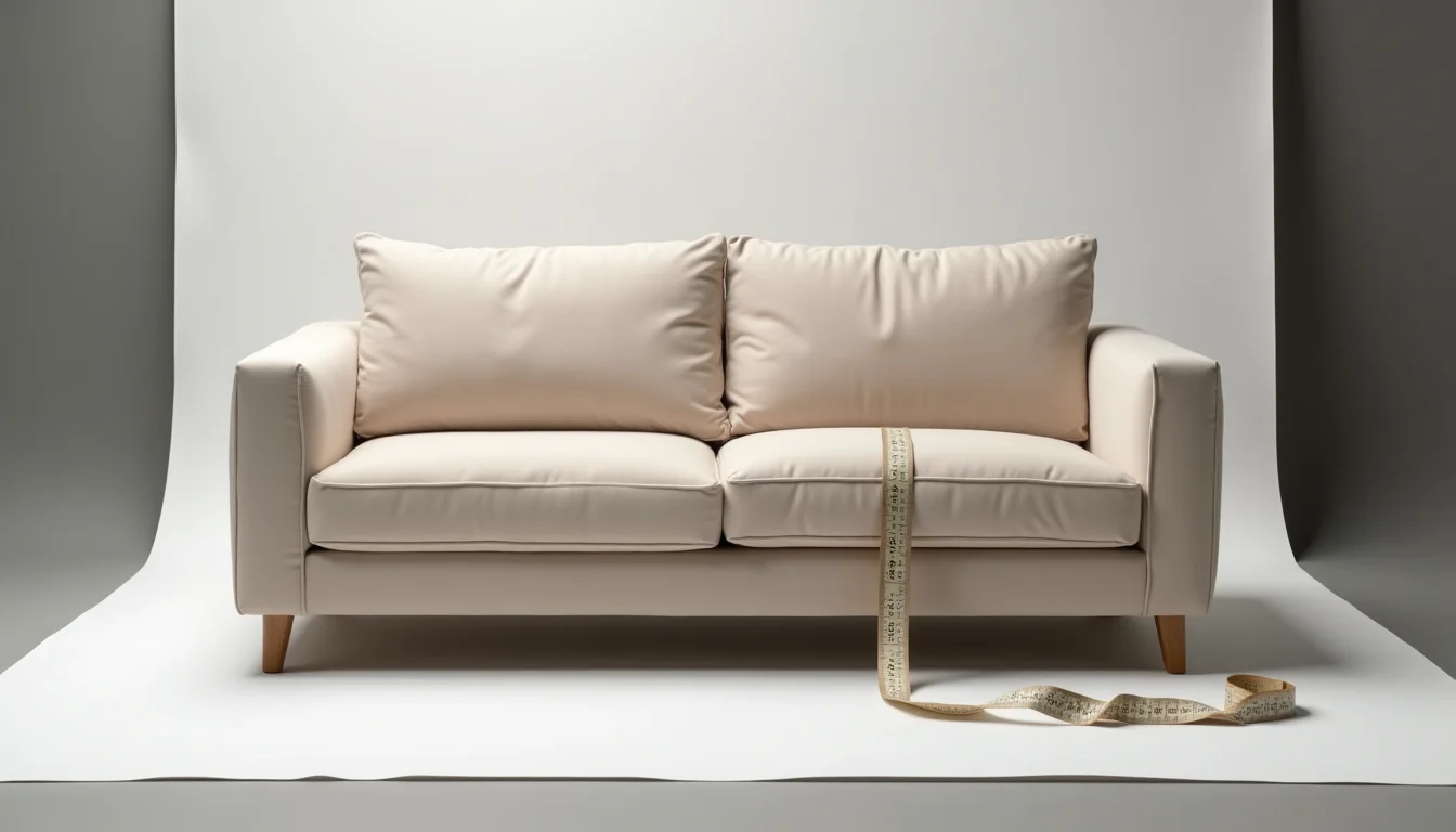 Scale photography studio with a sofa on a white sweep and measuring tape on the floor for furniture uploads