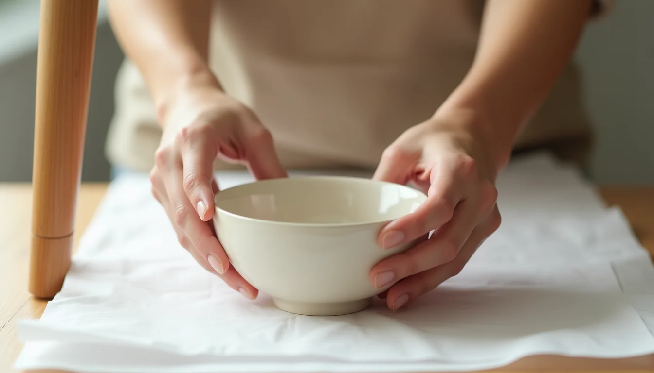 Hands positioning a small ceramic bowl next to a solid timber side table leg on a white product photography sweep