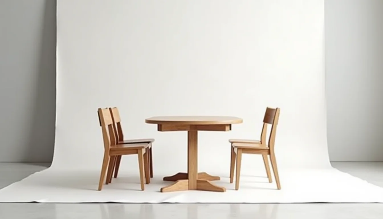Timber dining table and two chairs positioned on a white product photography sweep for catalog staging