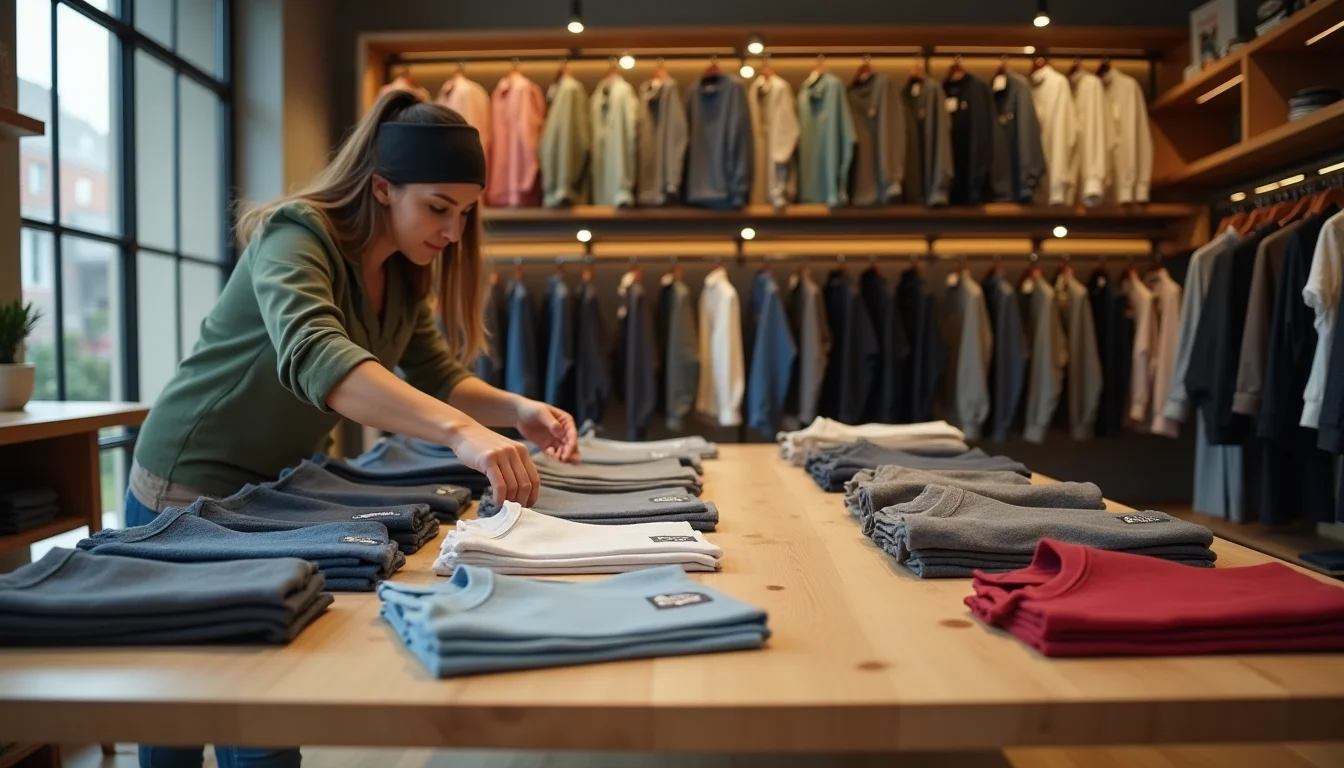 A store owner arranging seasonal product samples on a display table for a Shopify team catalog handover