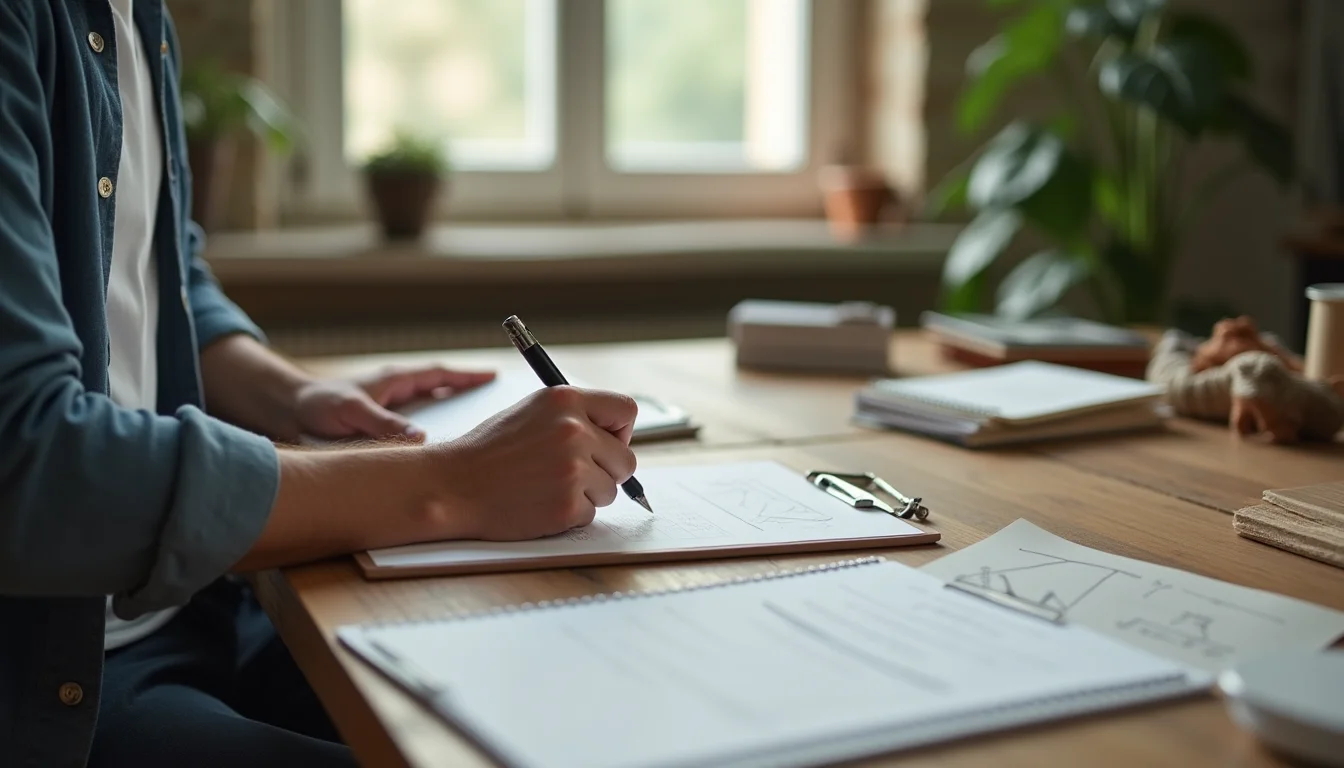 A man writing seasonal collection structure notes beside product samples on a workroom table