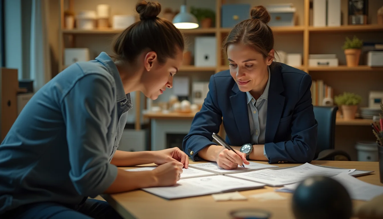 Two people reviewing a seasonal product range brief together in a small product prep room