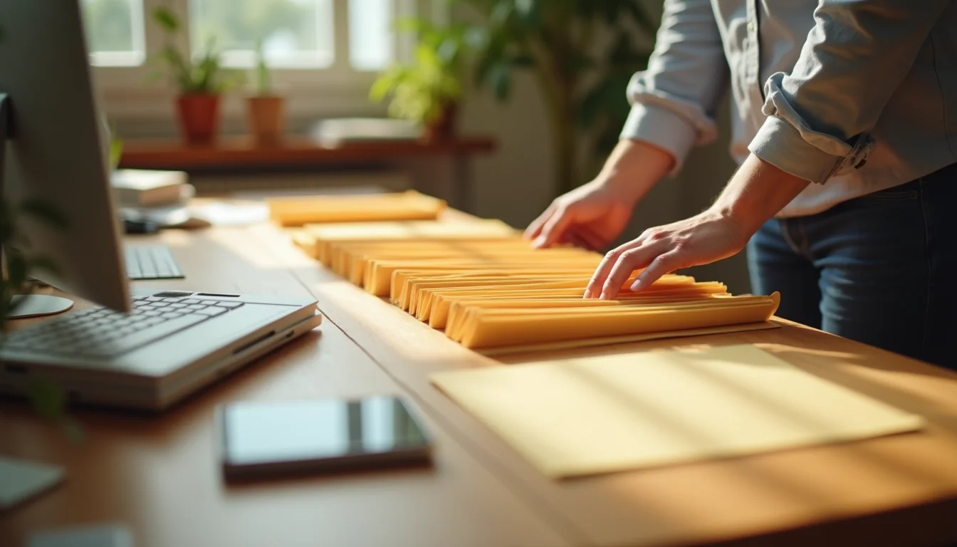 Hands aligning product folders in order on a workspace table for a Shopify catalog cleanup service guide