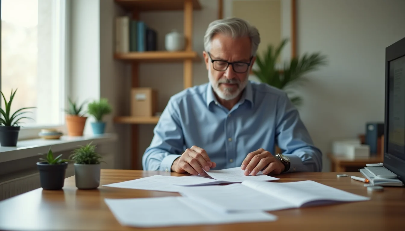 A store owner reviewing a printed product catalog export at a desk to prepare for a Shopify cleanup job