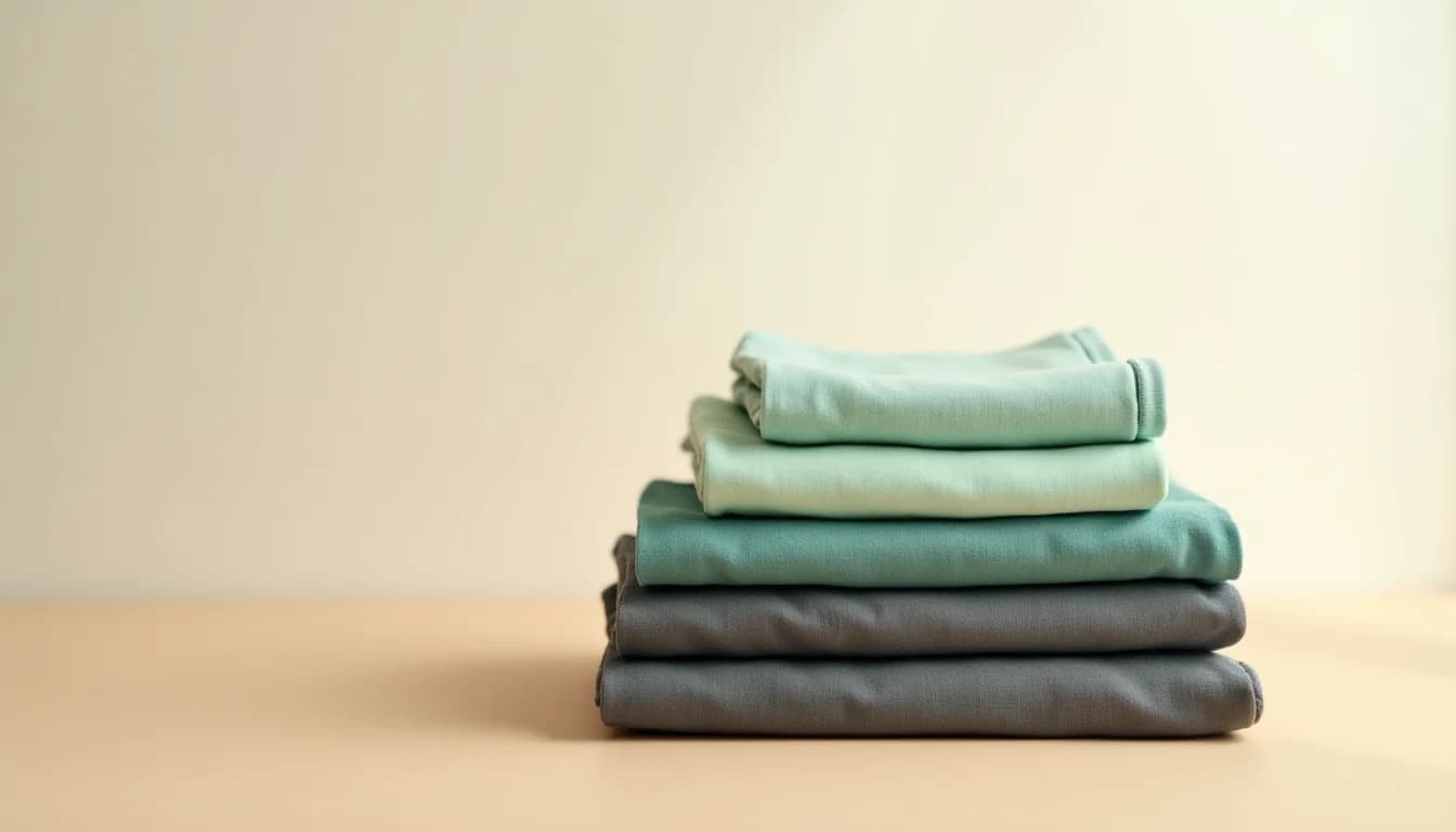 Folded plain garments in mint, teal, and charcoal stacked neatly on a warm beige surface