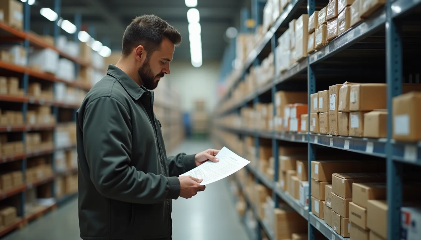 A man reviewing updated price sheets beside product shelves for Shopify catalog management service benefits