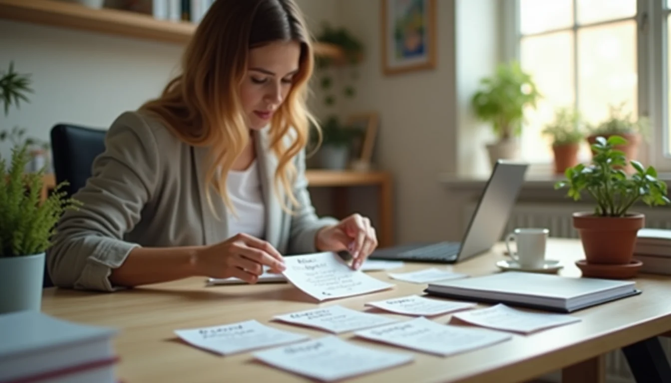 A store owner sorting category labels at a desk, organizing Shopify categories for product uploads